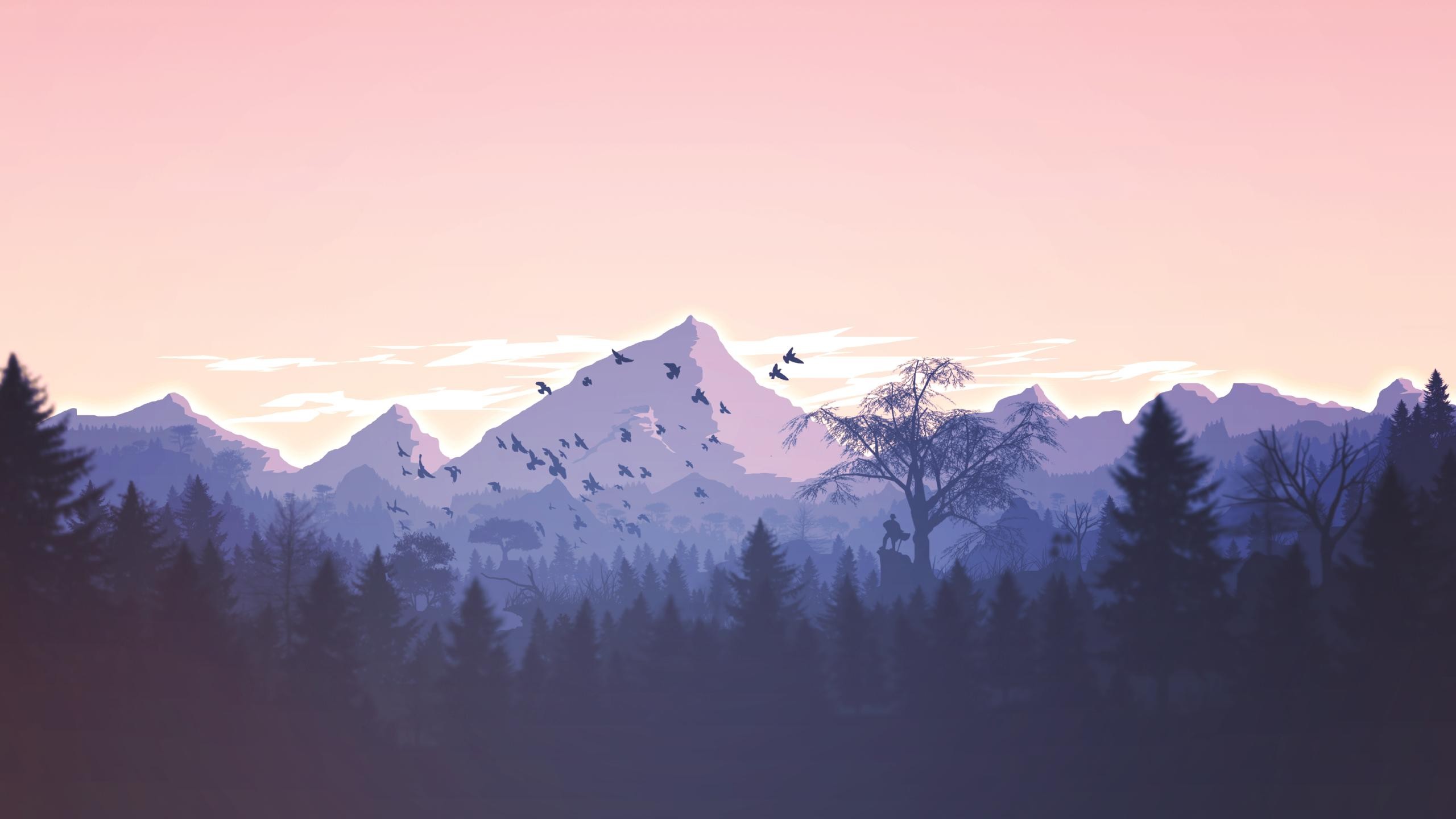 Minimal Sunset, Purple Mountains And Birds Wallpapers