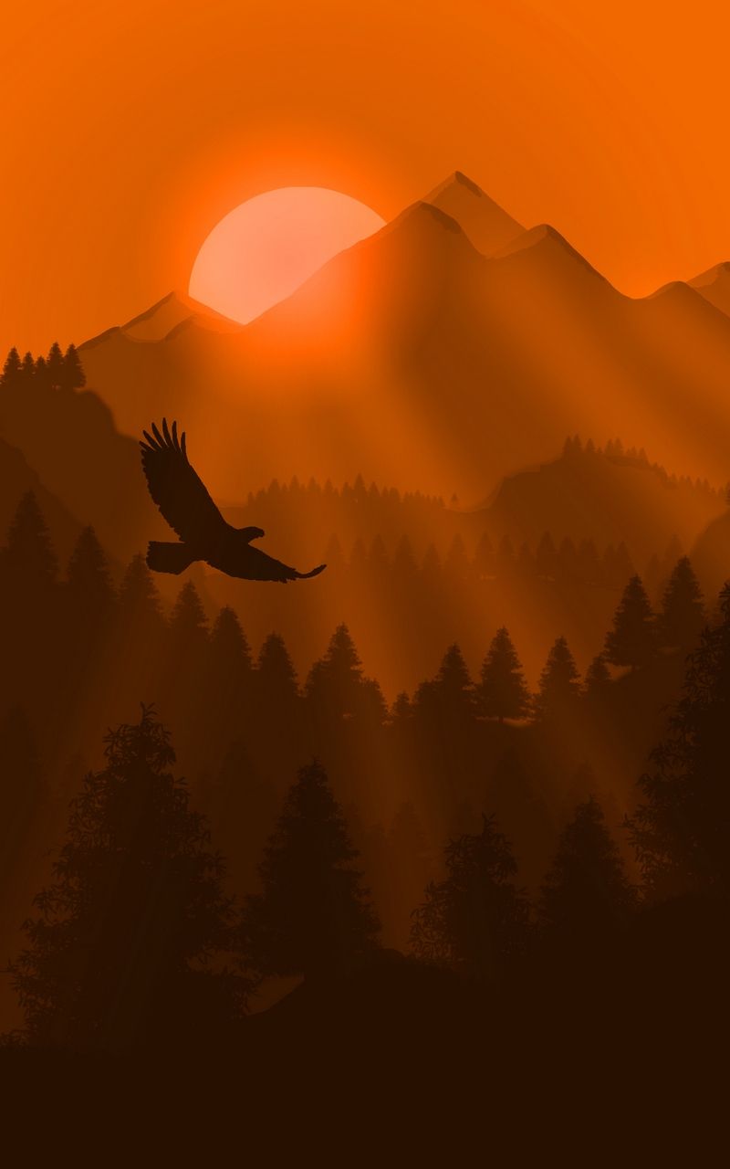 Minimal Sunset, Purple Mountains And Birds Wallpapers