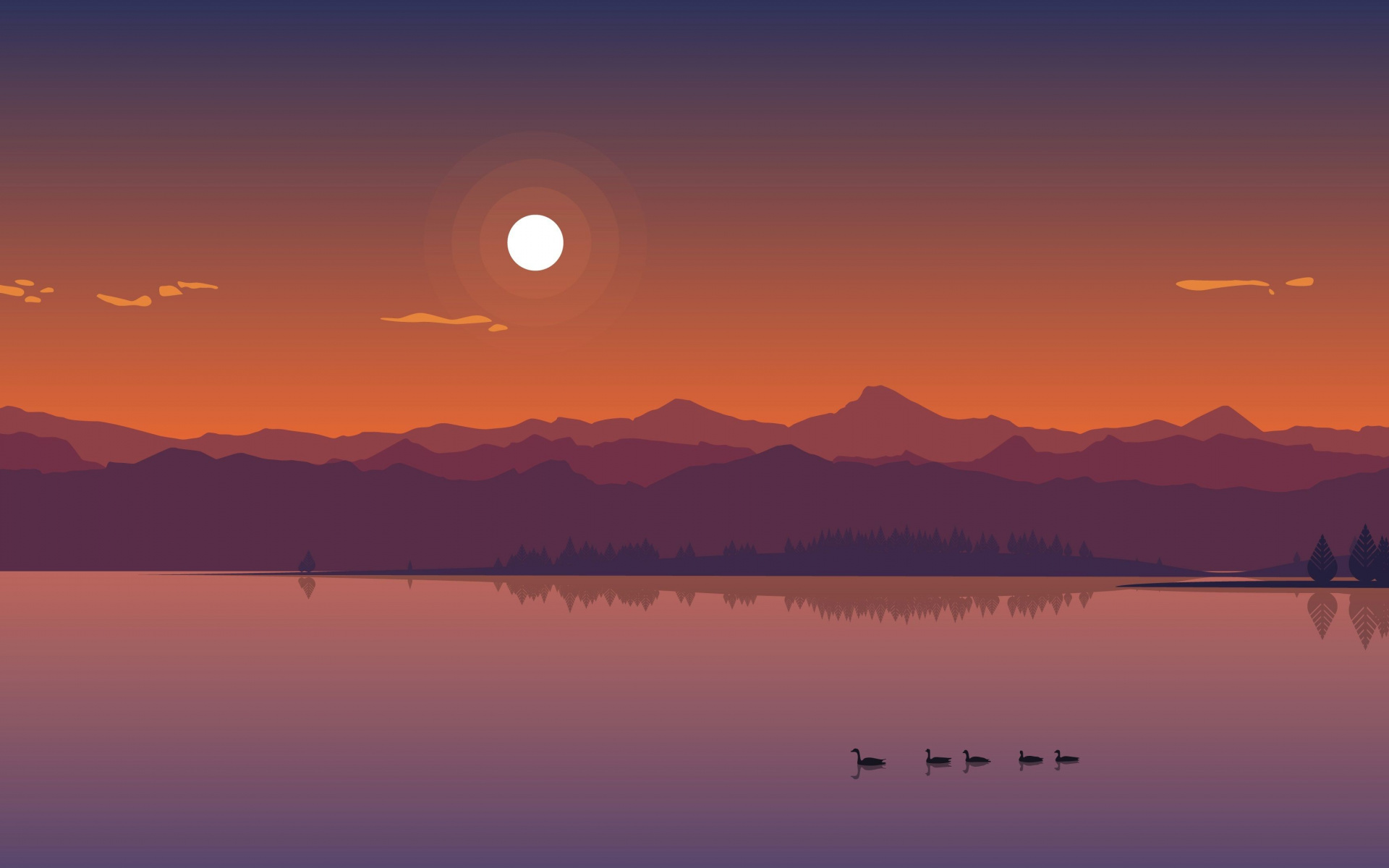 Minimal Sunset, Purple Mountains And Birds Wallpapers