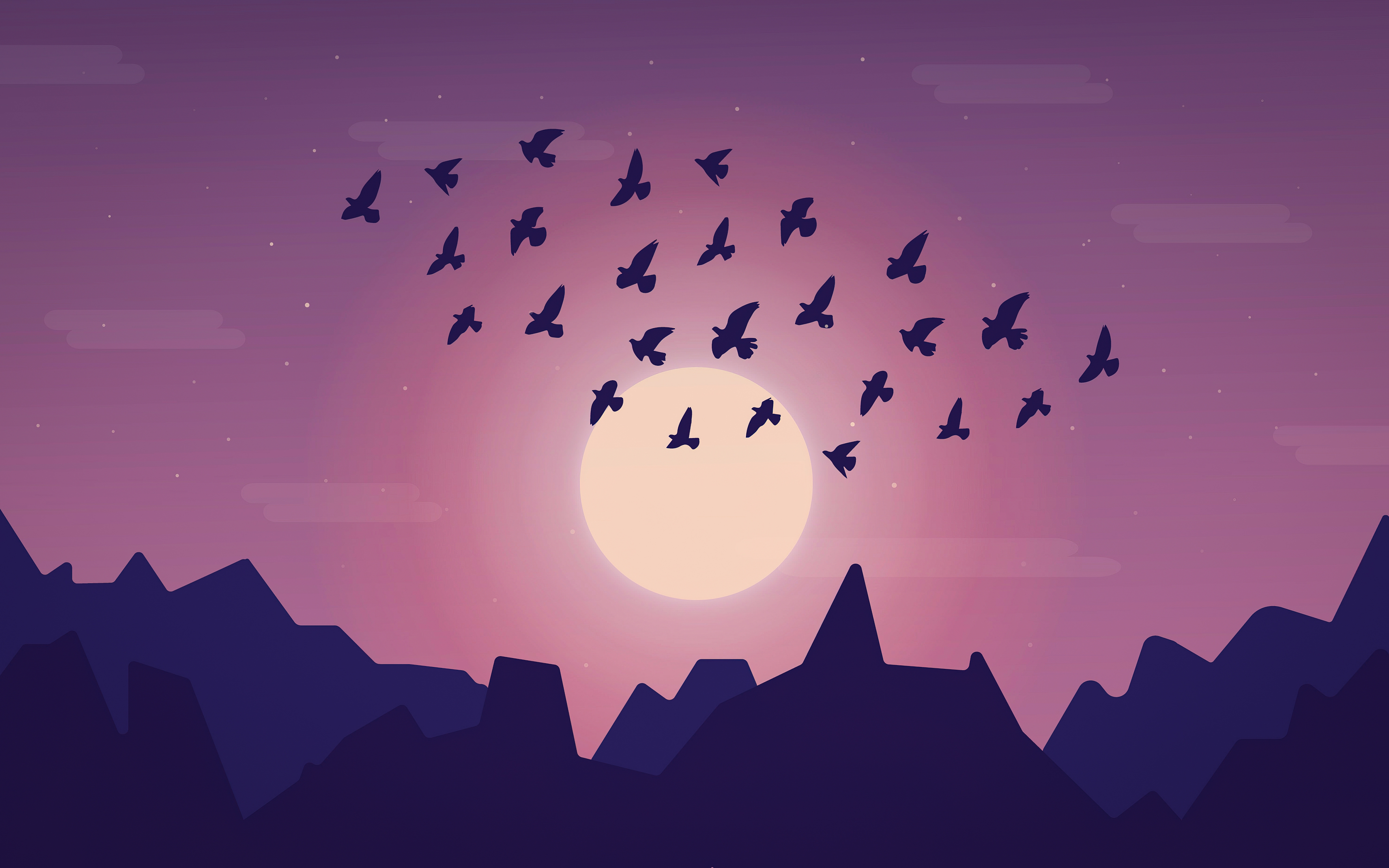 Minimal Sunset, Purple Mountains And Birds Wallpapers