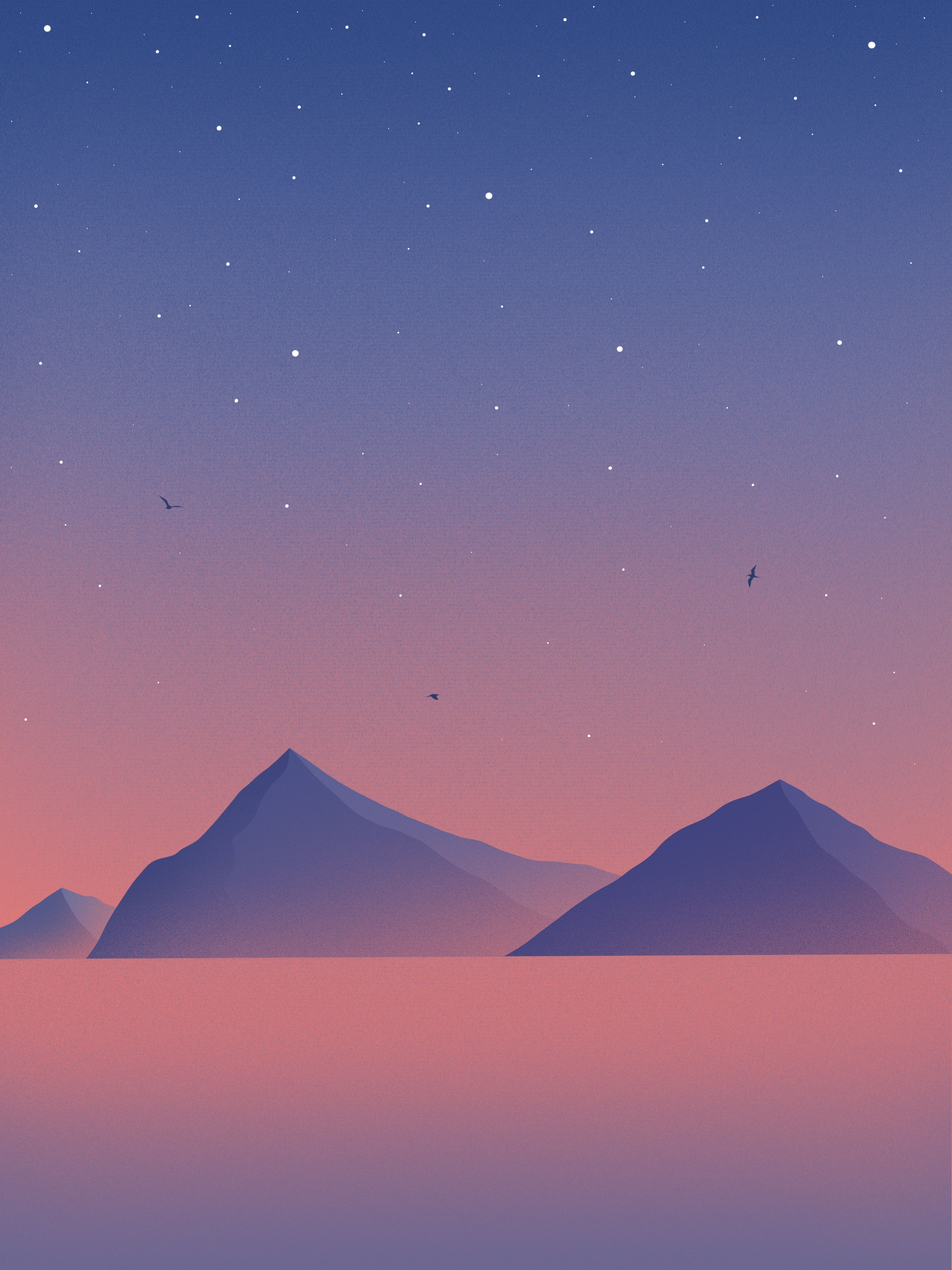 Minimal Sunset, Purple Mountains And Birds Wallpapers