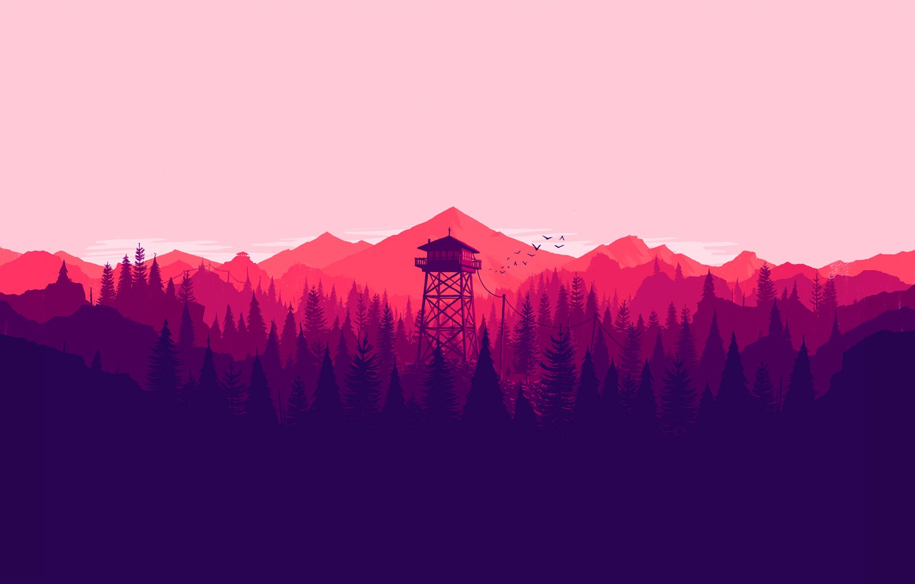 Minimal Sunset, Purple Mountains And Birds Wallpapers