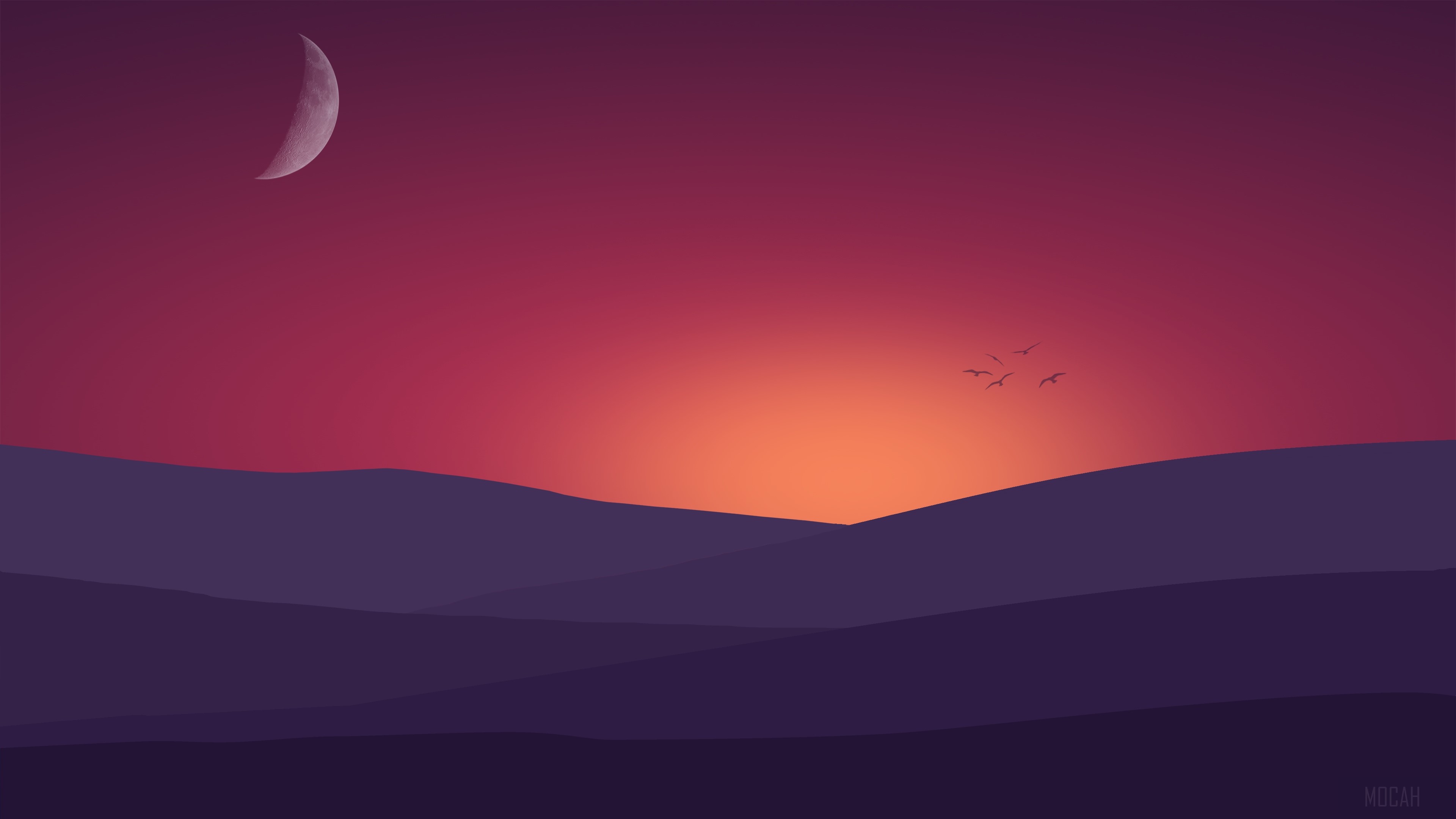 Minimal Sunset, Purple Mountains And Birds Wallpapers