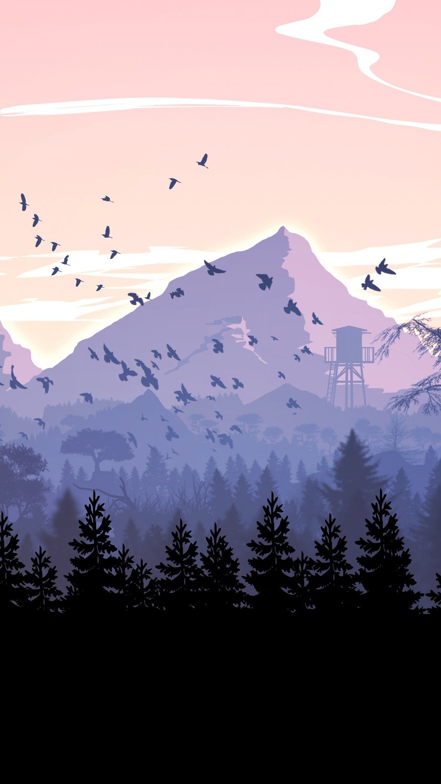 Minimal Sunset, Purple Mountains And Birds Wallpapers