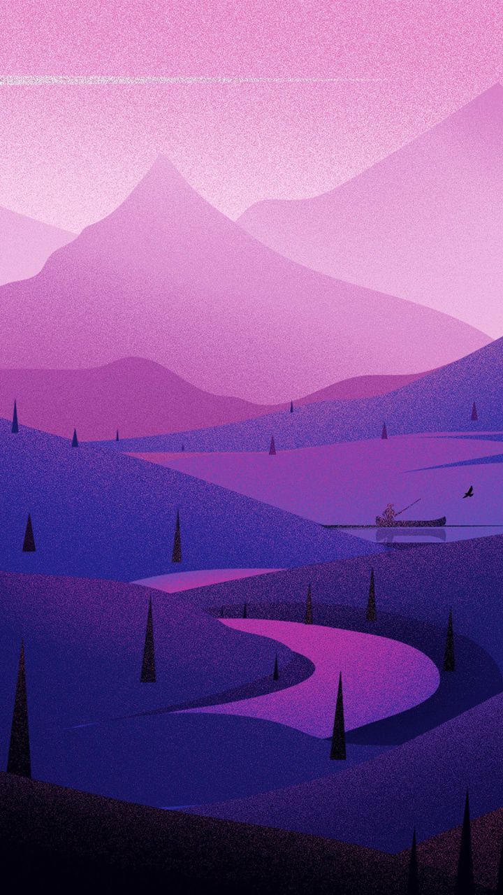 Minimal Sunset, Purple Mountains And Birds Wallpapers