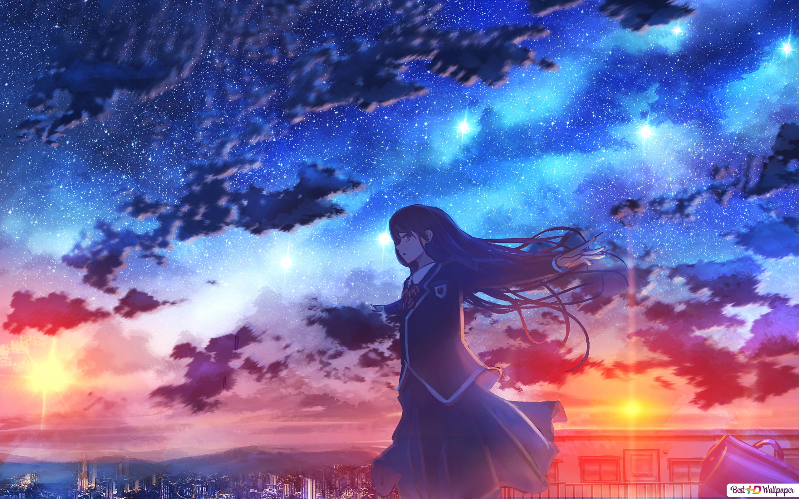 Anime Girl And Night Stars Wallpapers