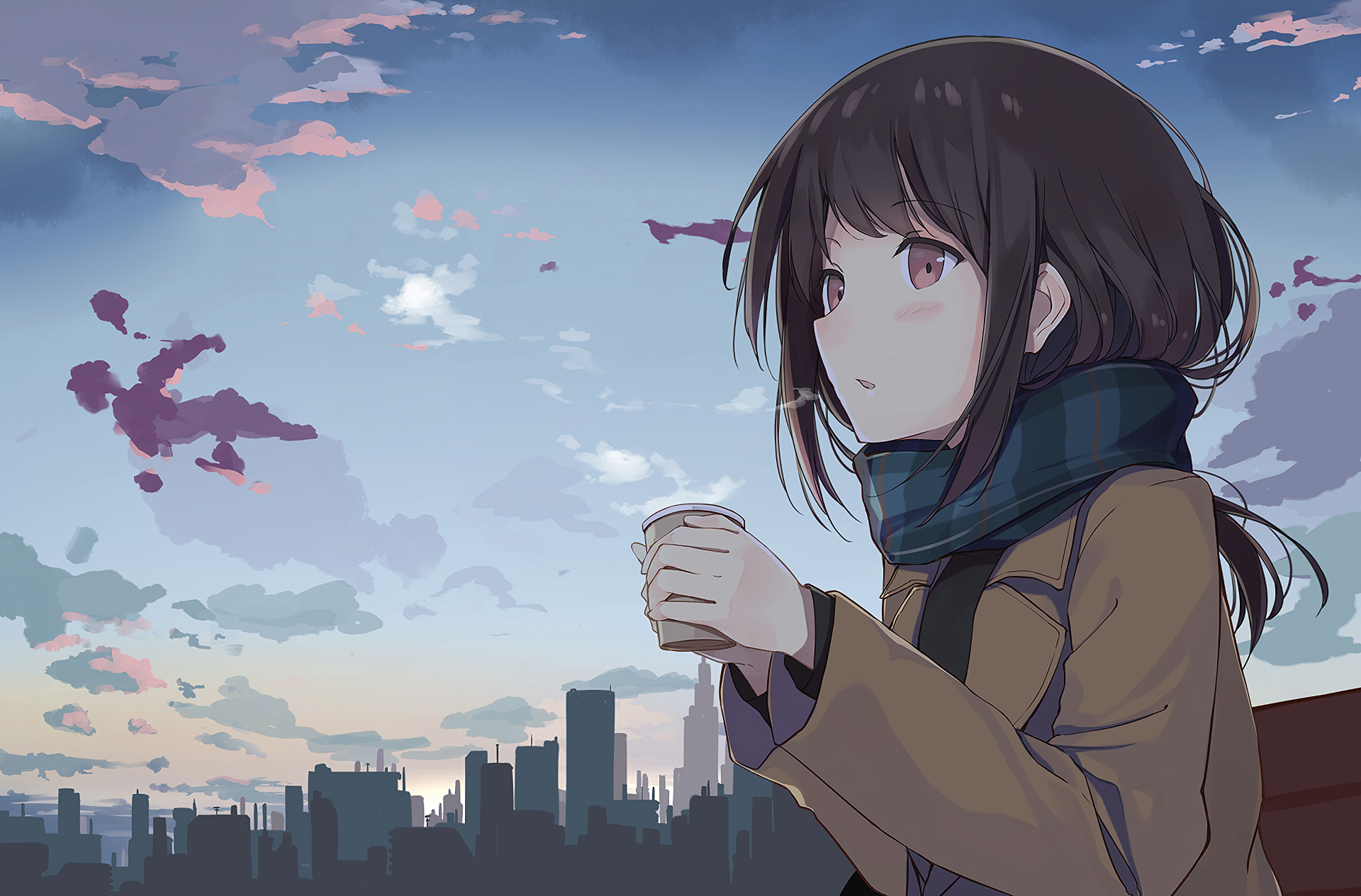 Anime Girl Holding Tea Outside Wallpapers