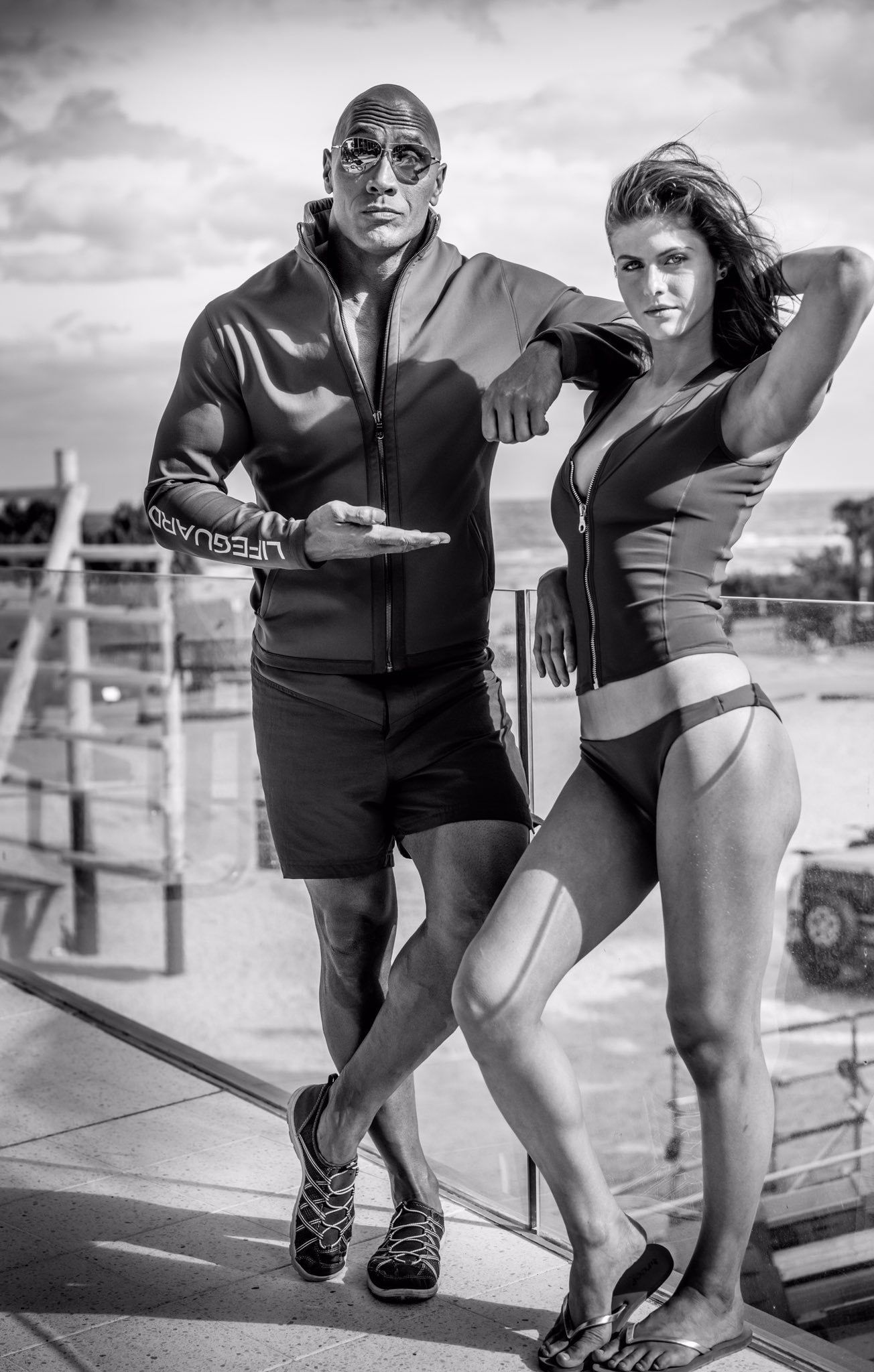 Alexandra Daddario and Dwayne 'The Rock' Johnson Black and White Wallpapers