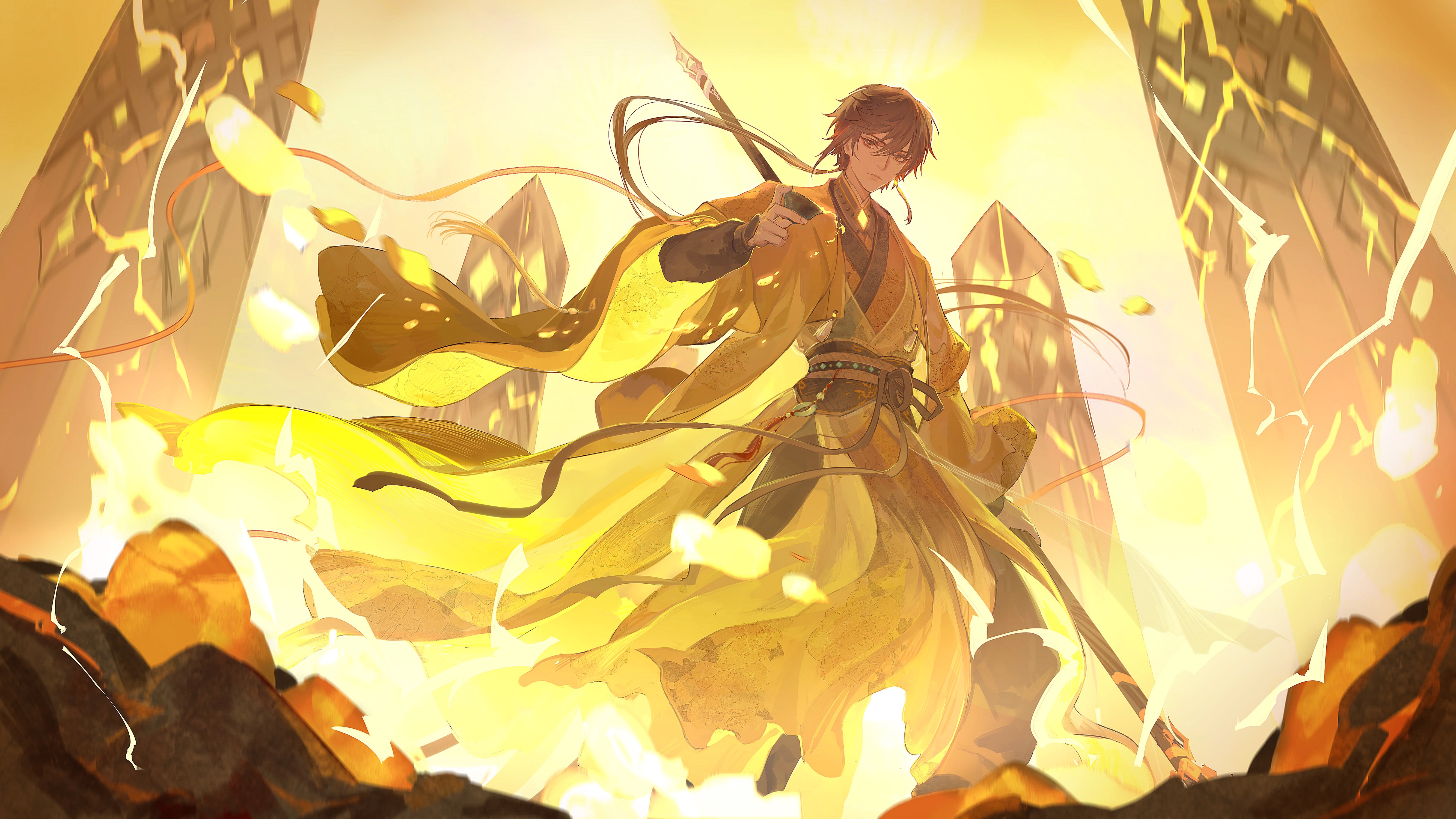Zhongli In Fire Background Genshin Impact Wallpapers