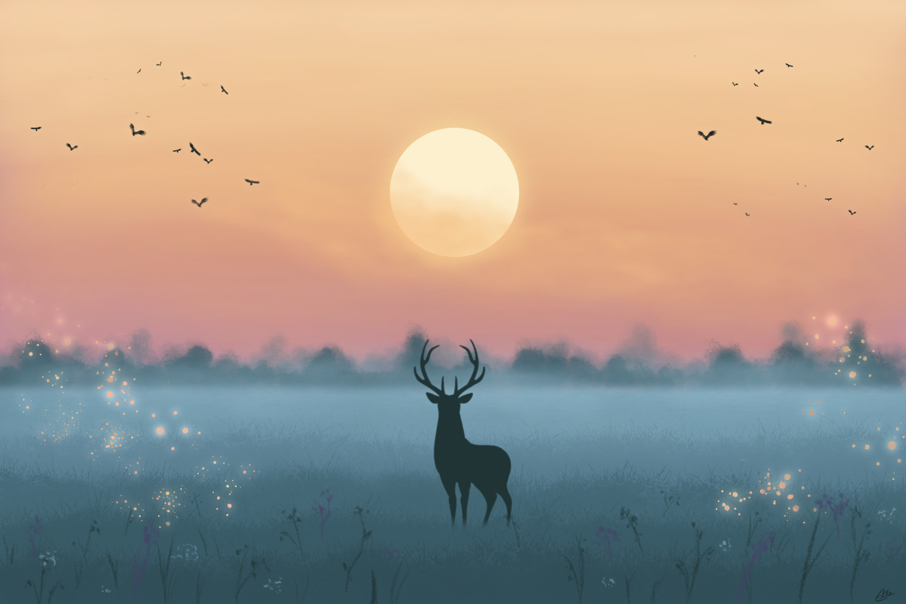 Deer Staring At Sunset Anime
 Wallpapers