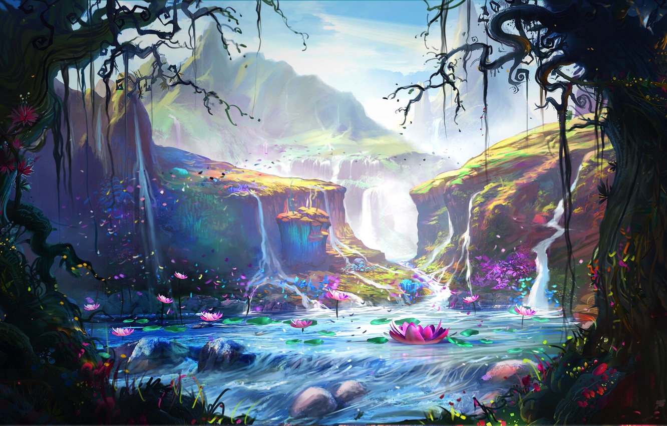 Fantasy Forest Landscape And Mountains
 Wallpapers