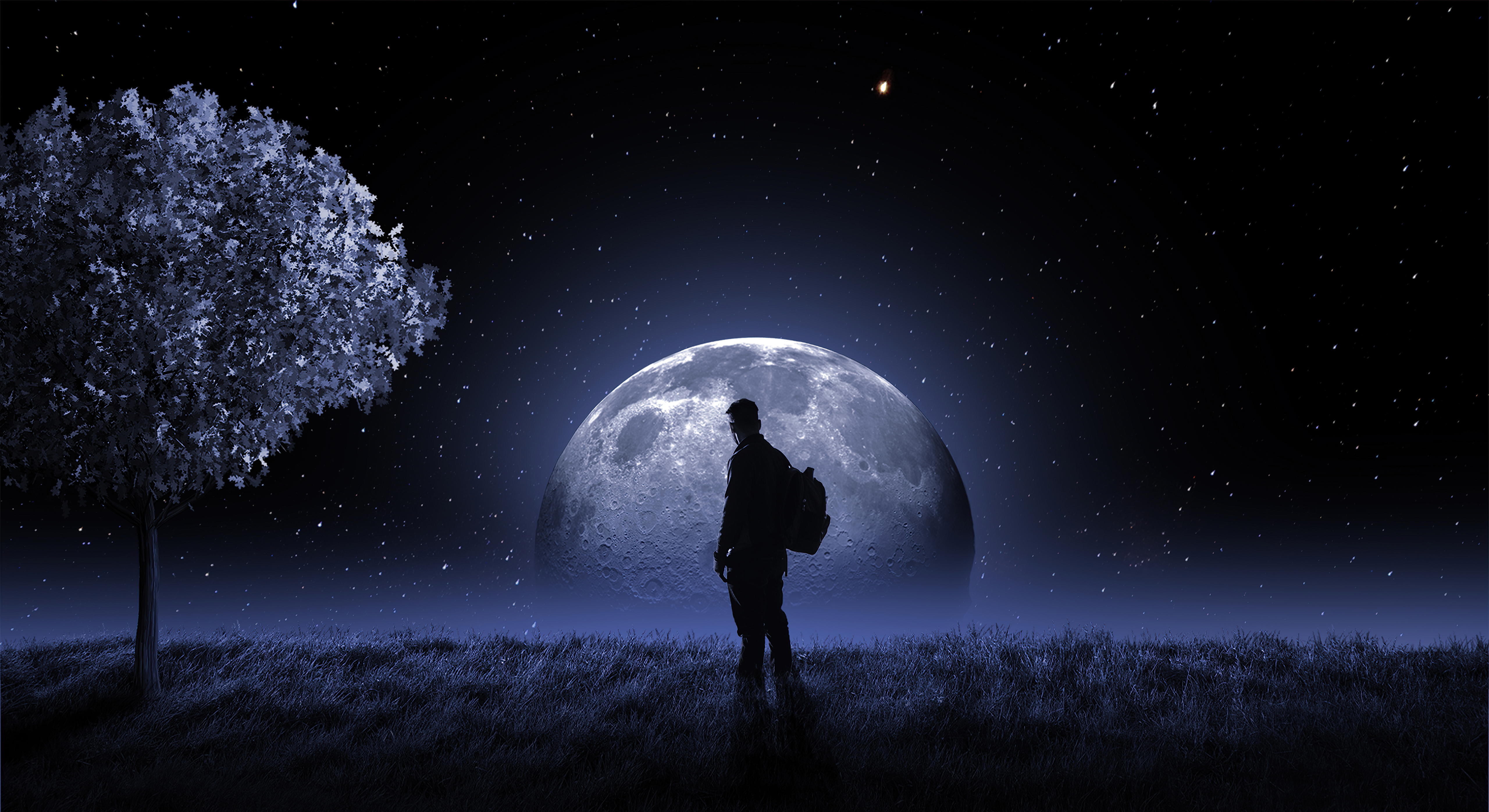 Lonely Person Silhouette Flying In Moon
 Wallpapers
