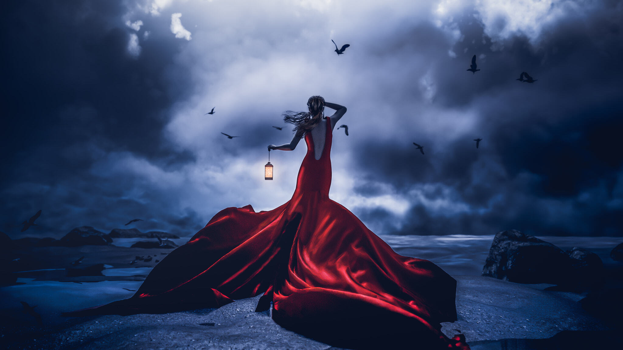 Lost In Night Girl Red Dress With Lantern
 Wallpapers