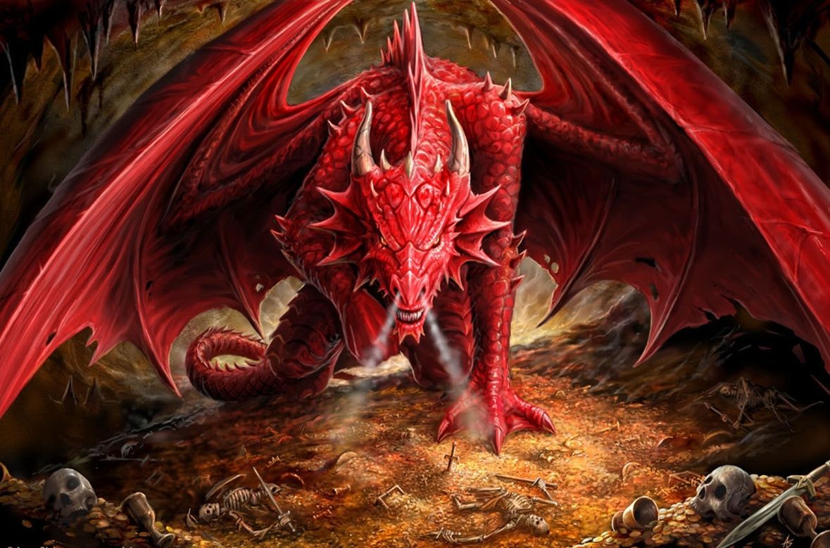 Red Dragon Sitting Outside Lake
 Wallpapers
