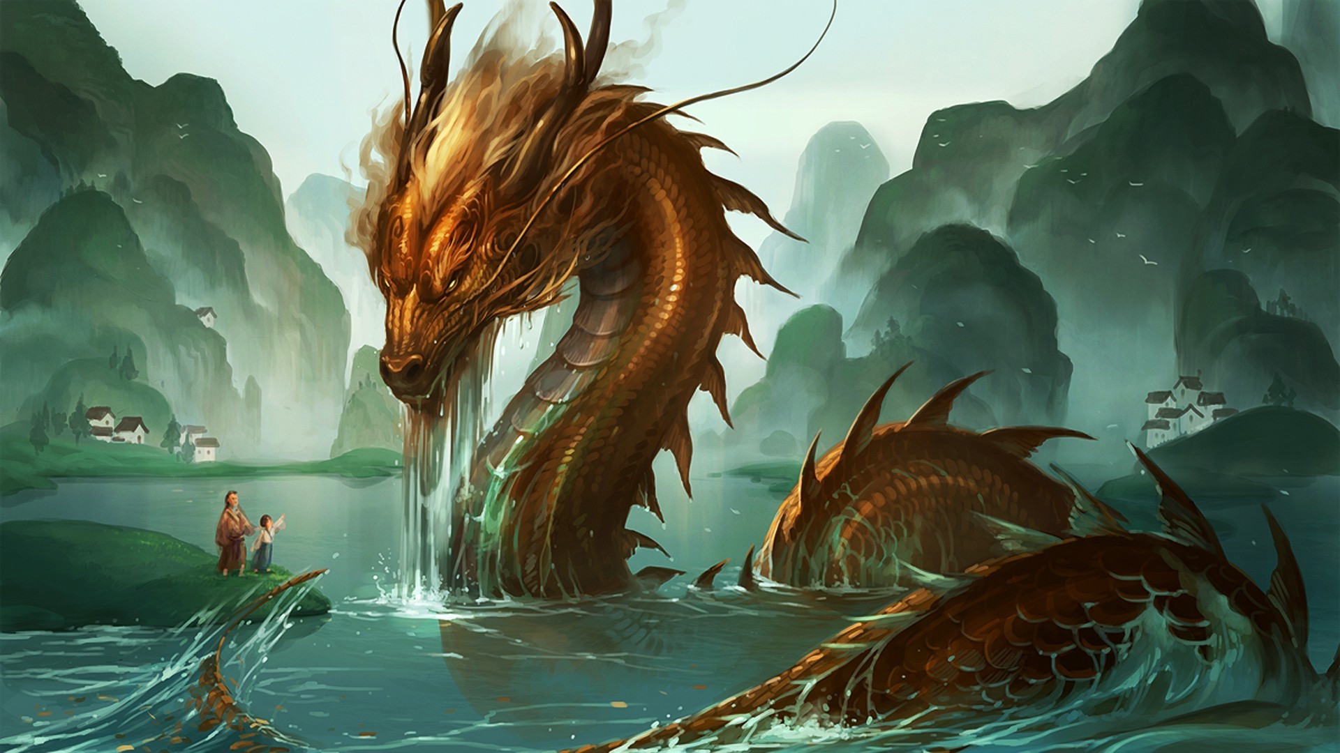 Red Dragon Sitting Outside Lake
 Wallpapers