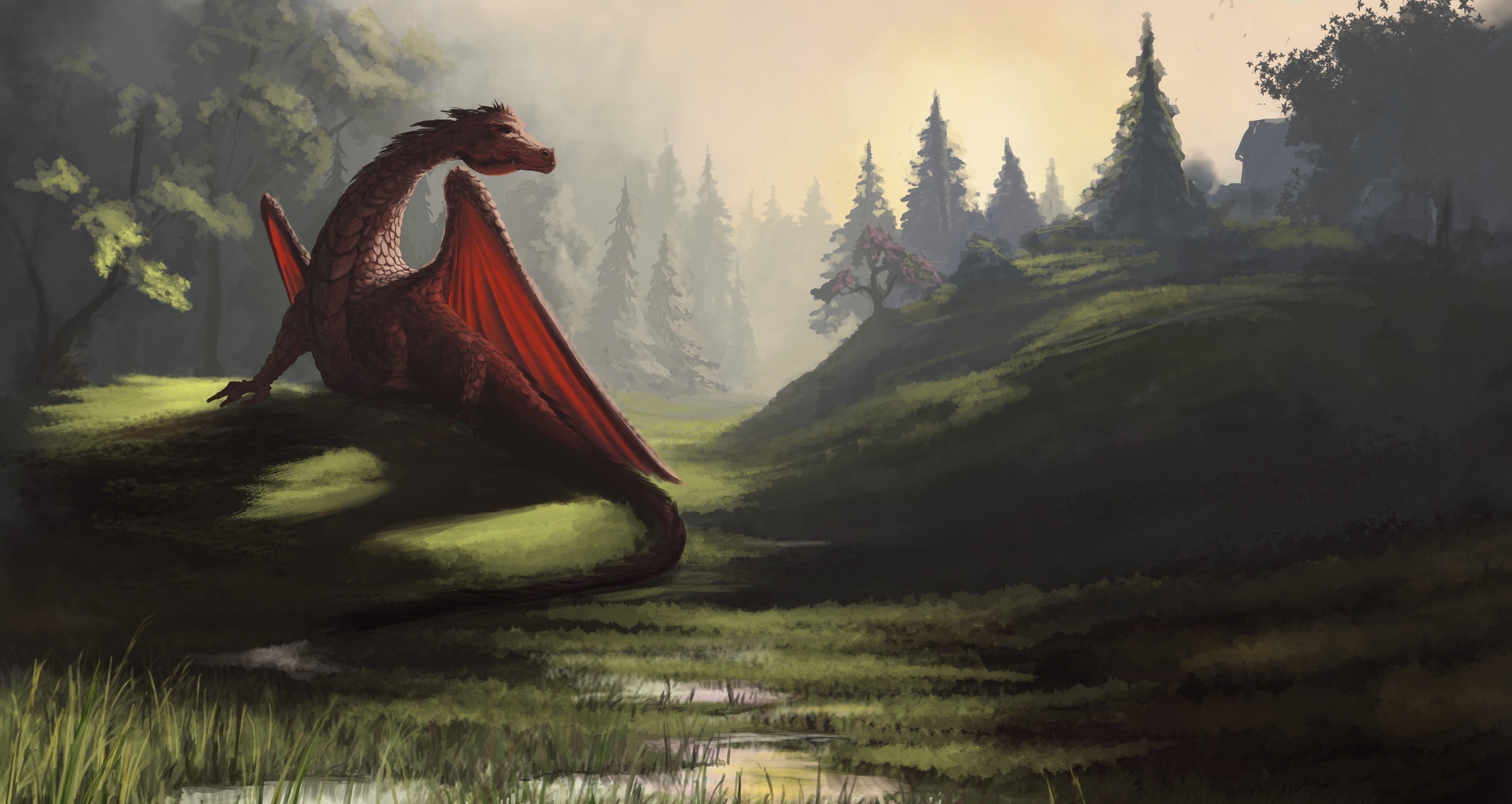 Red Dragon Sitting Outside Lake
 Wallpapers