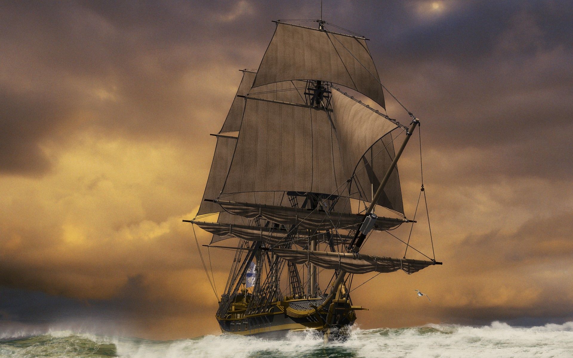 Sails Ship In Ocean
 Wallpapers