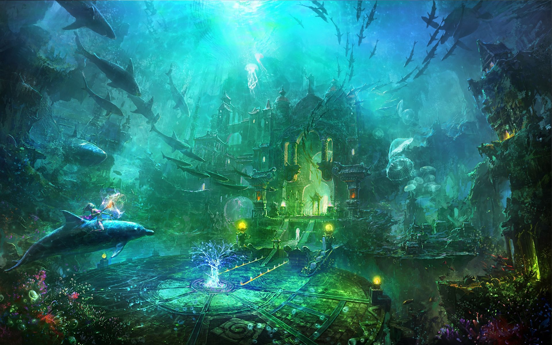 Ship And Town Underwater
 Wallpapers