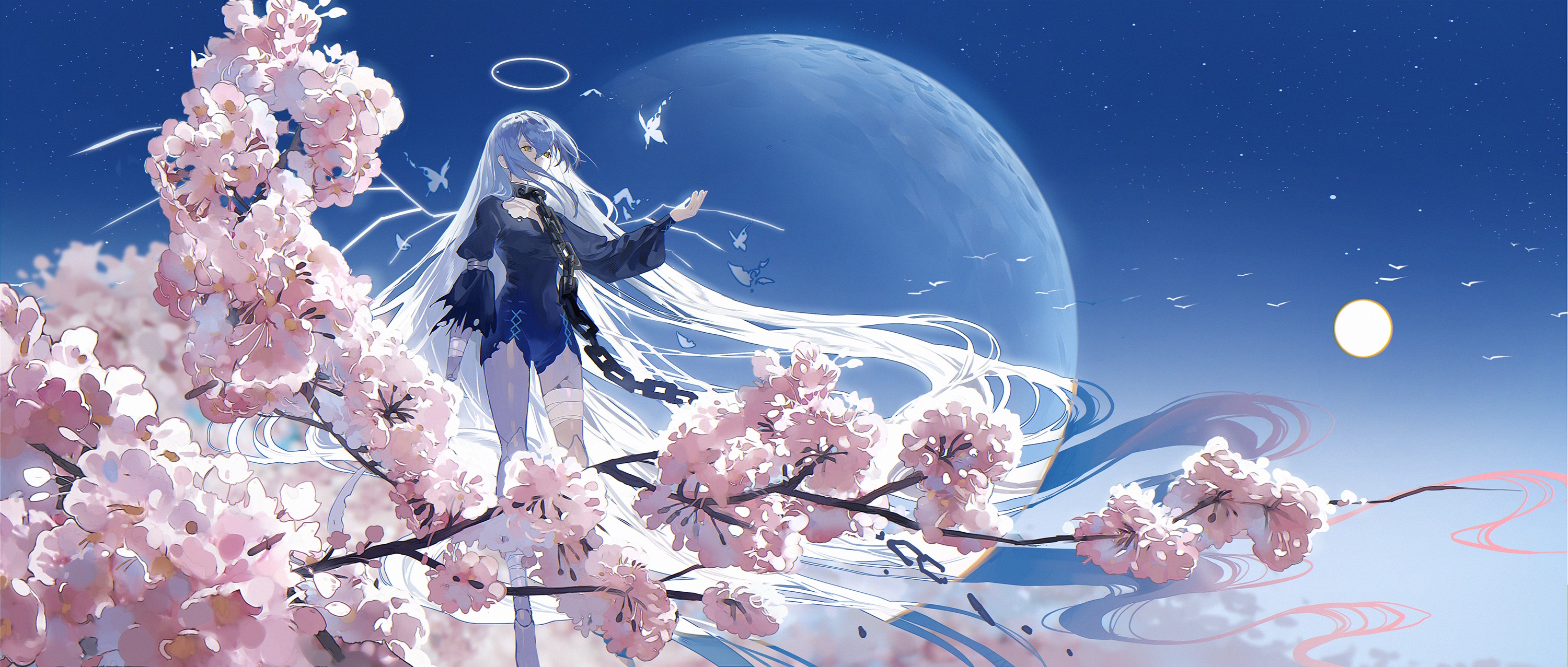 Woman With Sakura Full Moon
 Wallpapers