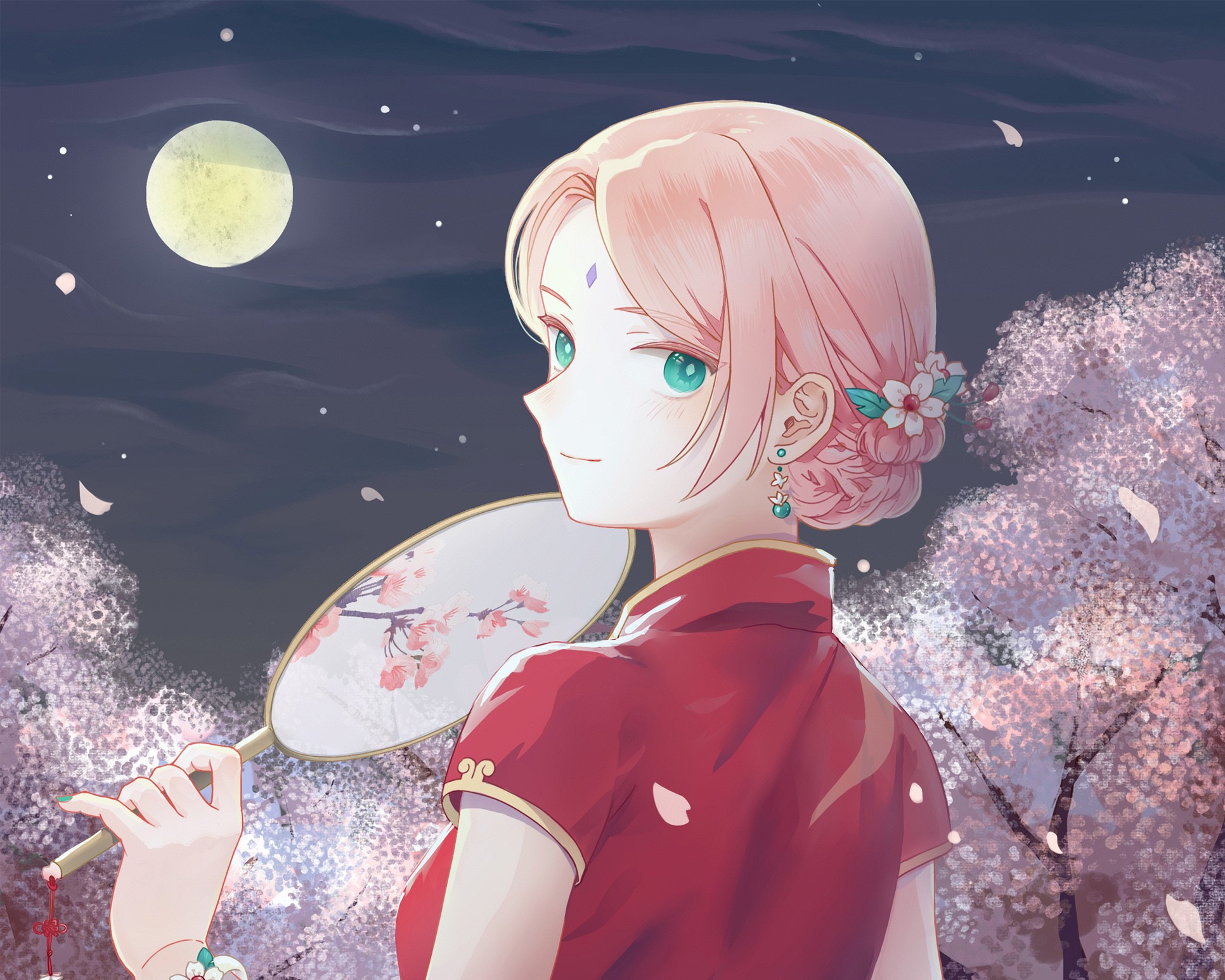 Woman With Sakura Full Moon
 Wallpapers