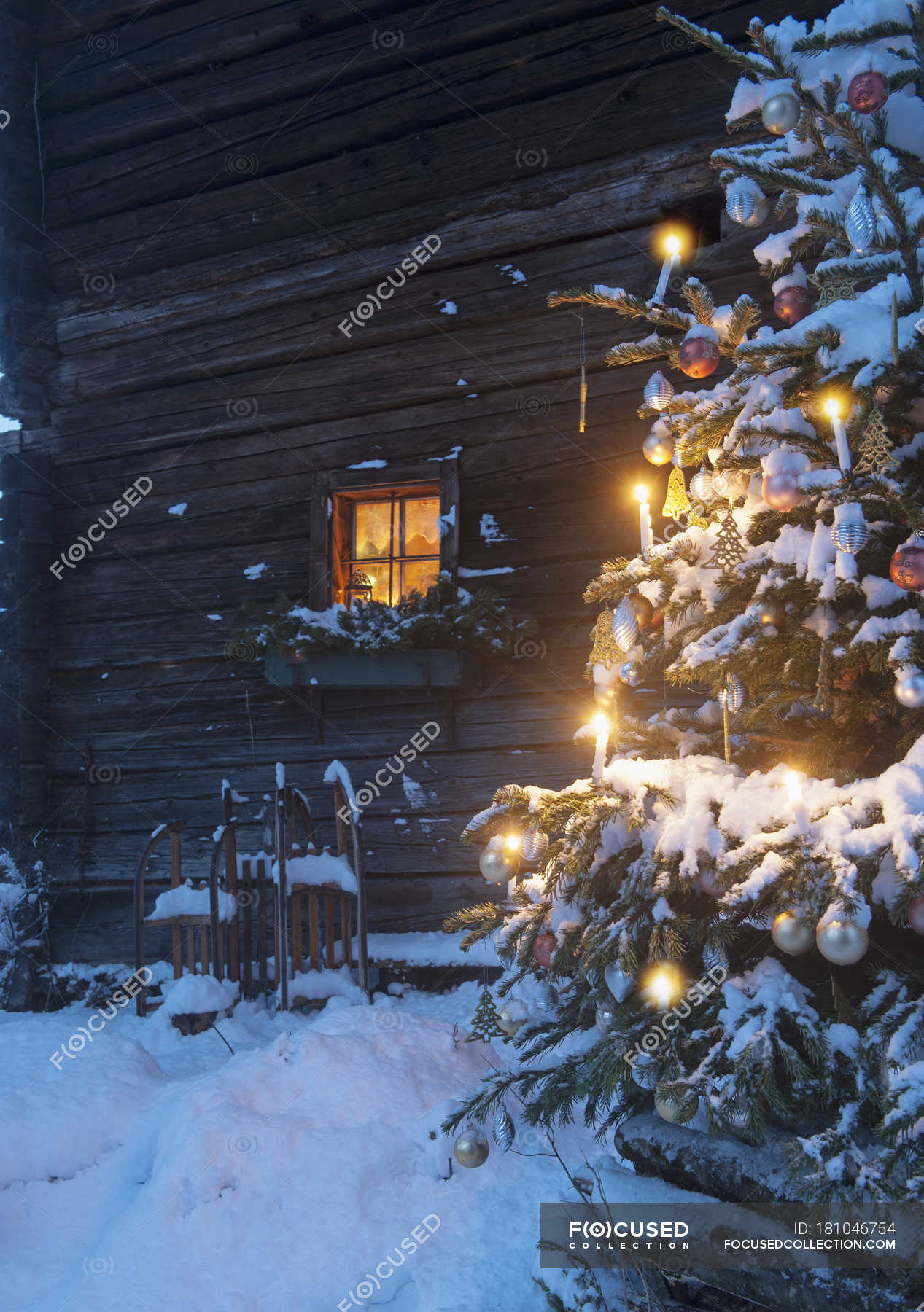 Christmas Lighted Tree Outside Winter Cabin Wallpapers