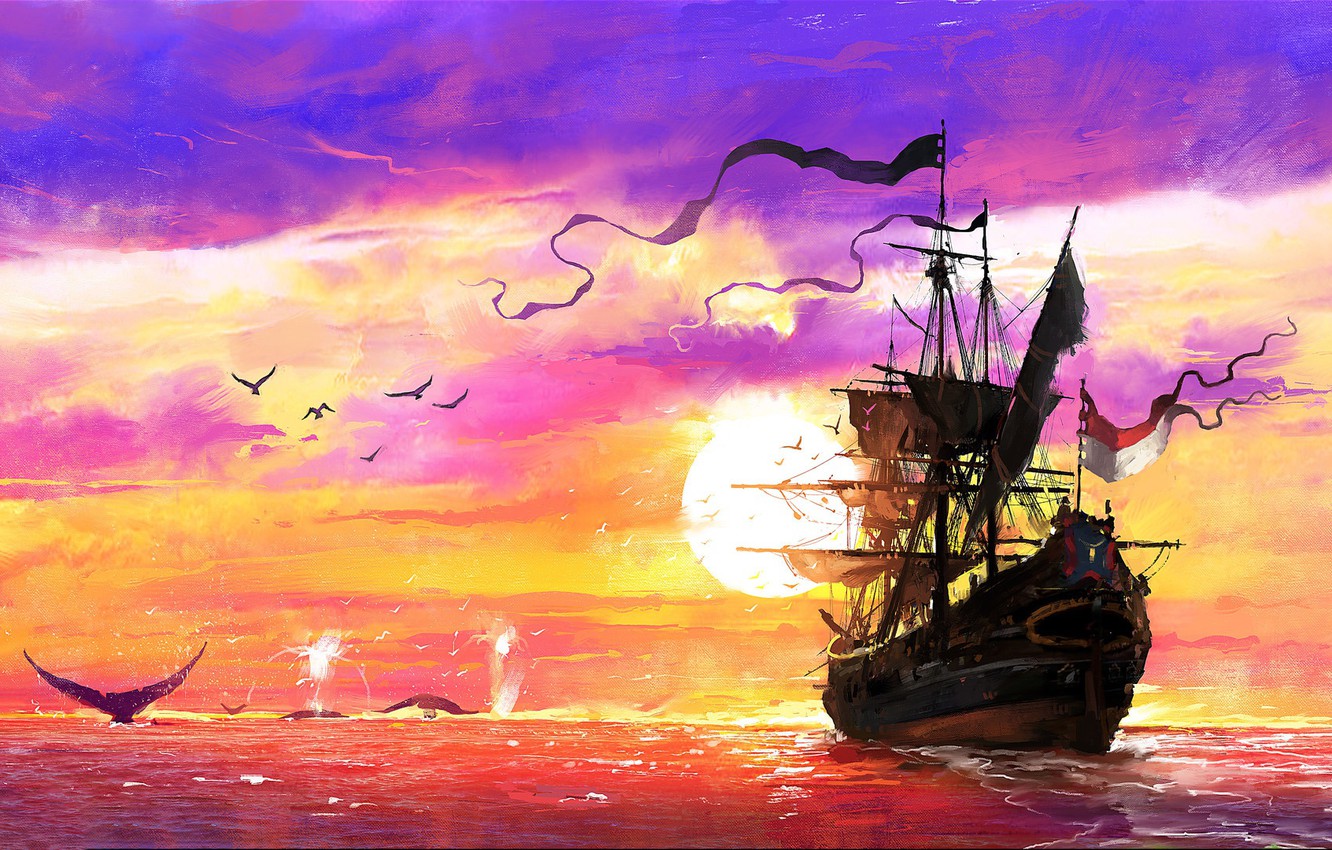 Ocean Ship Sunset Wallpapers